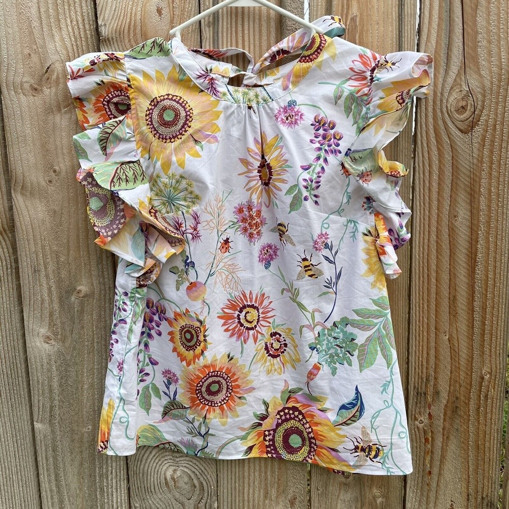 Elie Tahari White Floral Ruffle Sleeve Blouse with Yellow Sunflowers